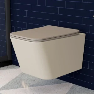 Plantex Imported Italica Ceramic Wall Hung Commode Toilet/Rimless Western Toilet/Washdown Commode with Soft Closing Toilet Seat - P Trap (Square - Matt Khaki)